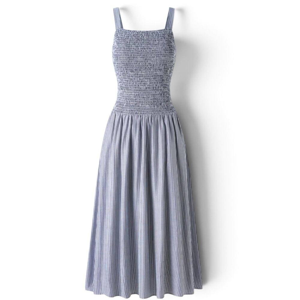 NWT OGL Striped Poplin Square Neck Smocked Midi Bra Dress Sz Medium Navy Stripe